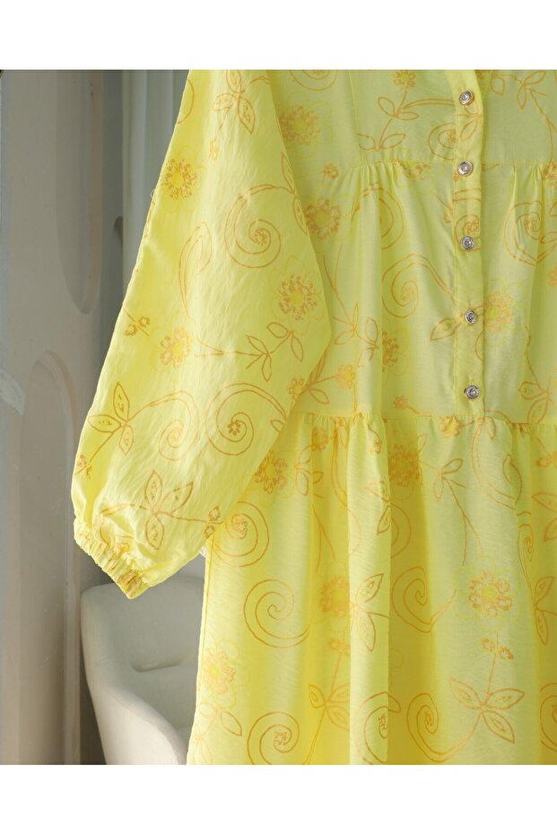 Jakar Baskı Düğmeli Katlı Elbise - Sarı - 3