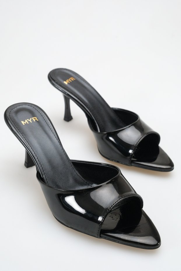 Women's Pointed Toe Heeled Sandals Black Patent Leather