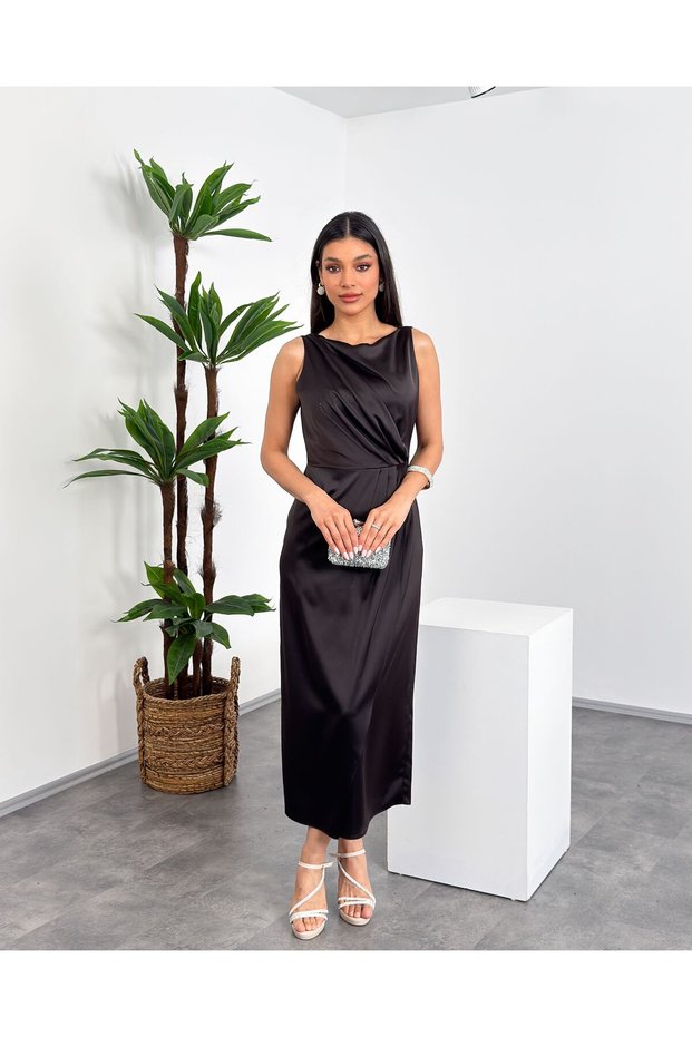 Boat Neck Waist Pleated Front Slit Sleeveless Knee Length Full Fit Women's Dress