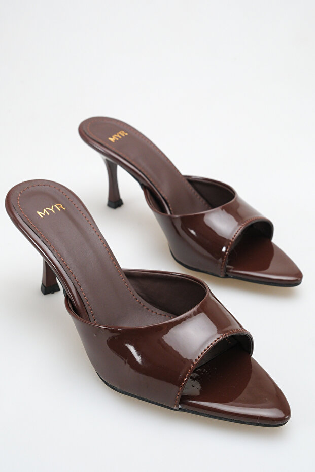 Women's Pointed Toe Heeled Sandals Bitter Brown Patent Leather