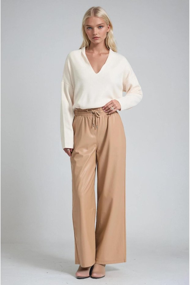 Elastic Waist Lace-Up Faux Leather Wide Leg Trousers 0113