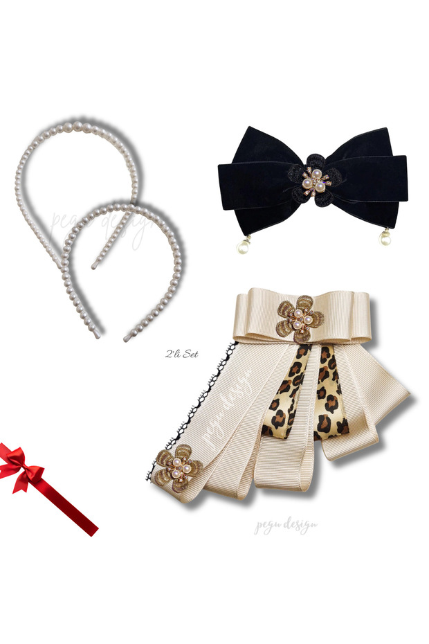 Set of 4: Pearl Crown, Flower Collar Brooch, Velvet Automatic Clasp, Valentine's Day Gift