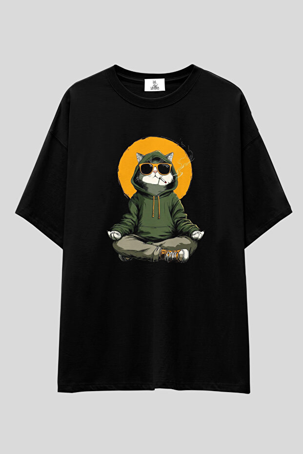 Namaste Cat Oversize T-Shirt | Meditation Themed Graphic Printed Unisex 100% Cotton Black & White Tee