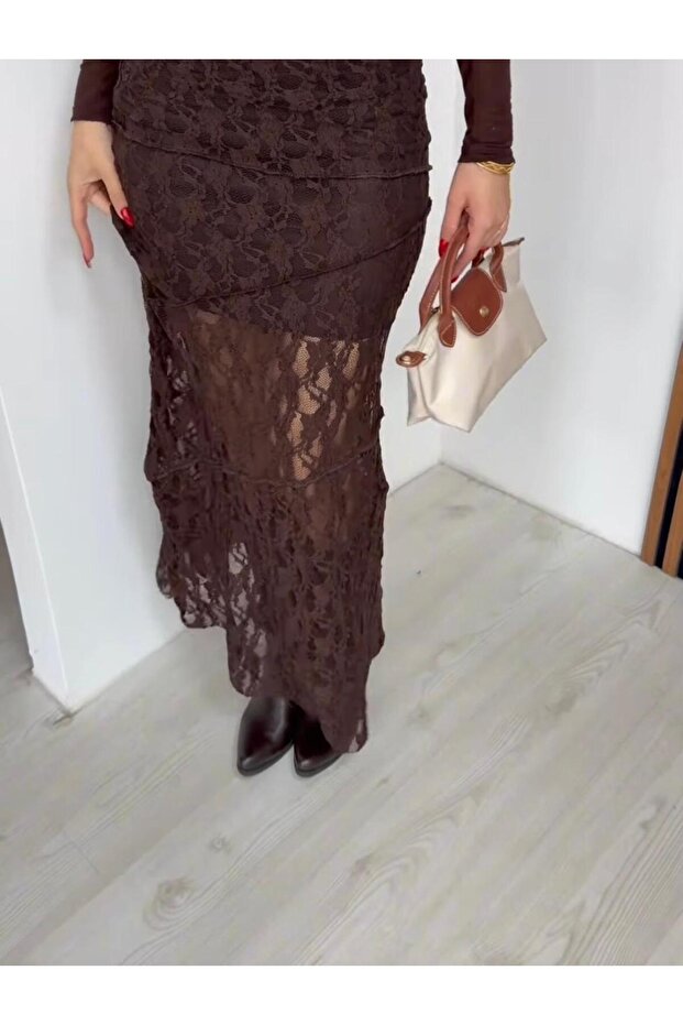 Fusta lungă din dantelă maro - 2