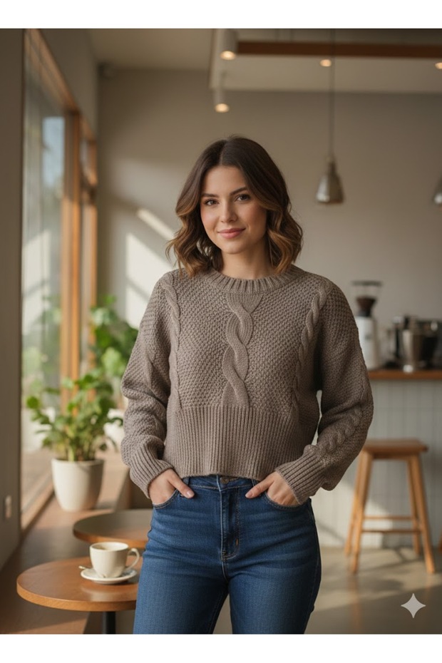 Women's Başak Model Crew Neck Thick Knitwear Sweater with Elastic Waist Detail Hair Knit