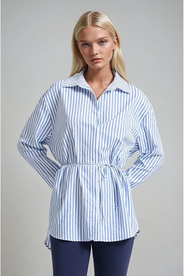 Striped waist-tie tunic shirt 3496