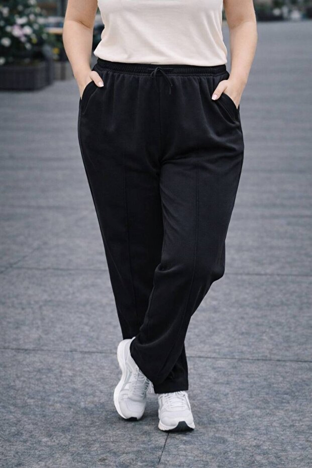 Ribbed Detailed Flexible Plus Size Women's Modal Pants