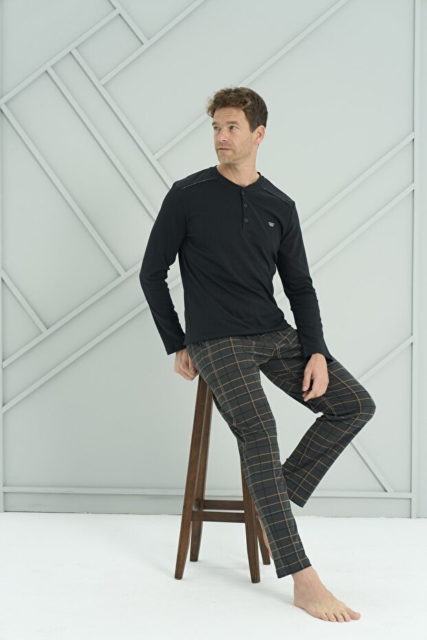 Men's Long Sleeve Zero Collar Buttoned Checked Pajama Set