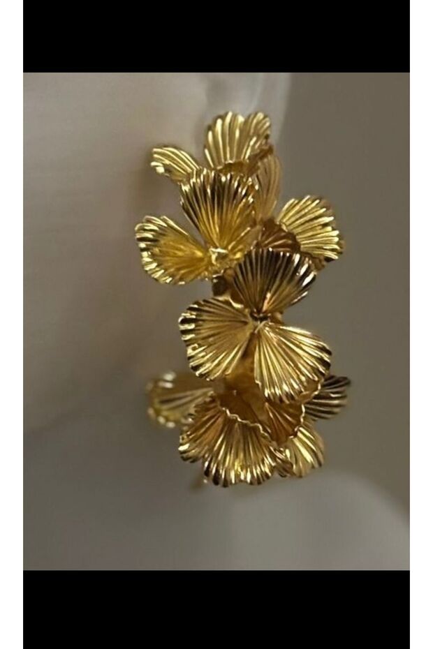 Gold Color Embossed Flower Form Large Hoop Earrings