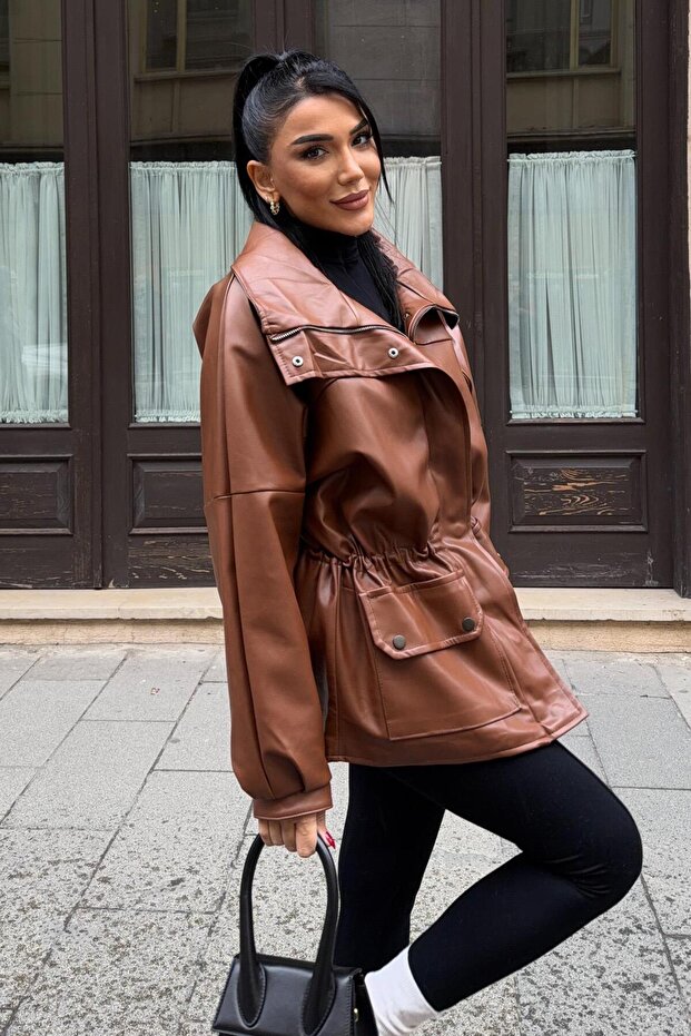Leather Jacket with Elastic Waist Detail and Wide Collar 6194