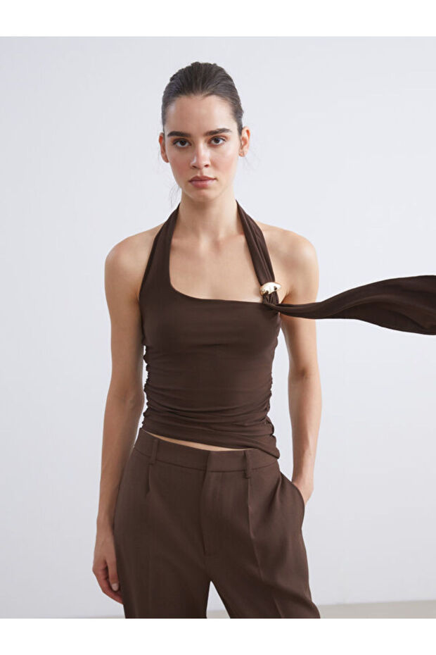 A Blouse with a Halter Neck, Collar Detail, and Ruched Detail, Featuring the RMZ Apparel Touch