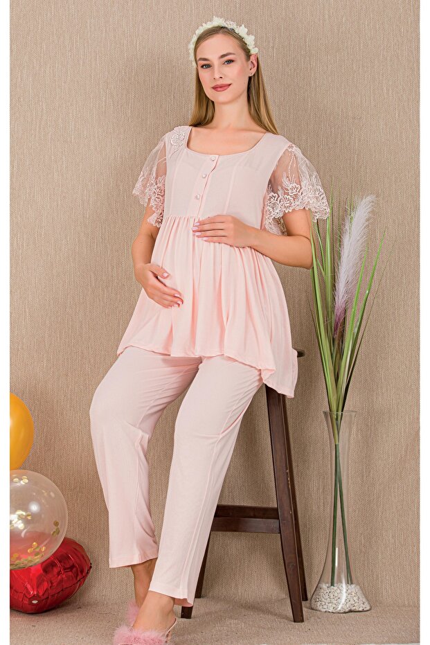 Buttoned Hollow Out Collar Lace Sleeve Detailed Comfortable Maternity & Postpartum 2-Piece Set
