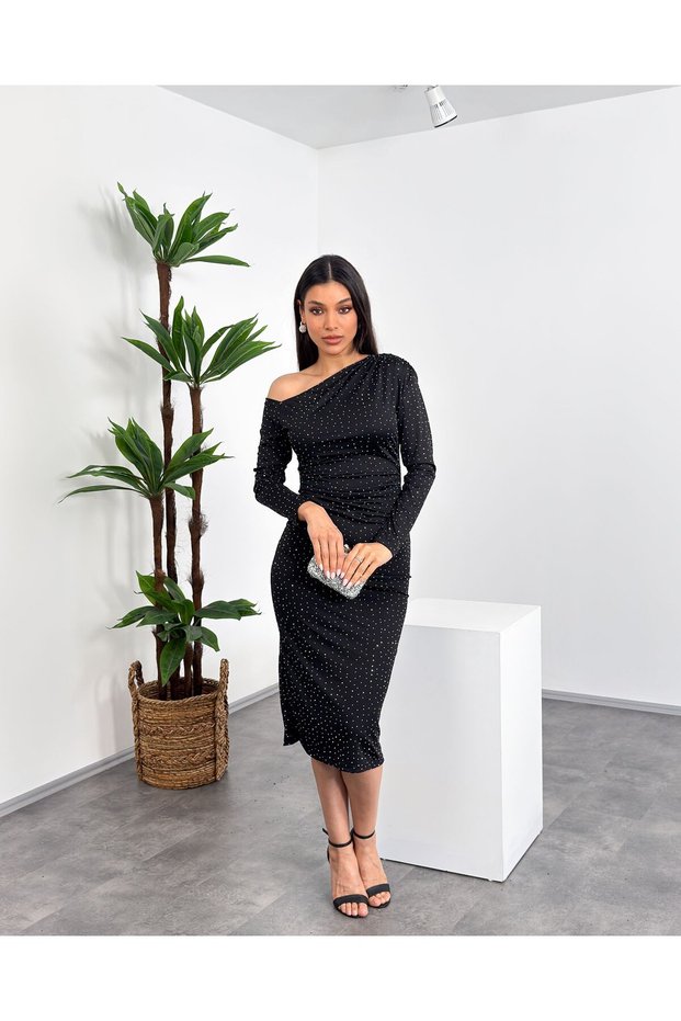 Kayık Yaka Single Shoulder Stoned Midi Women's Dress