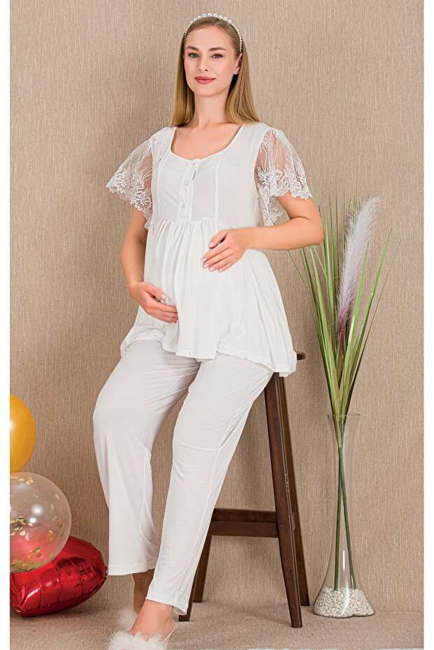 Buttoned Hollow Out Collar Lace Sleeve Detailed Comfortable Maternity & Postpartum 2-Piece Set