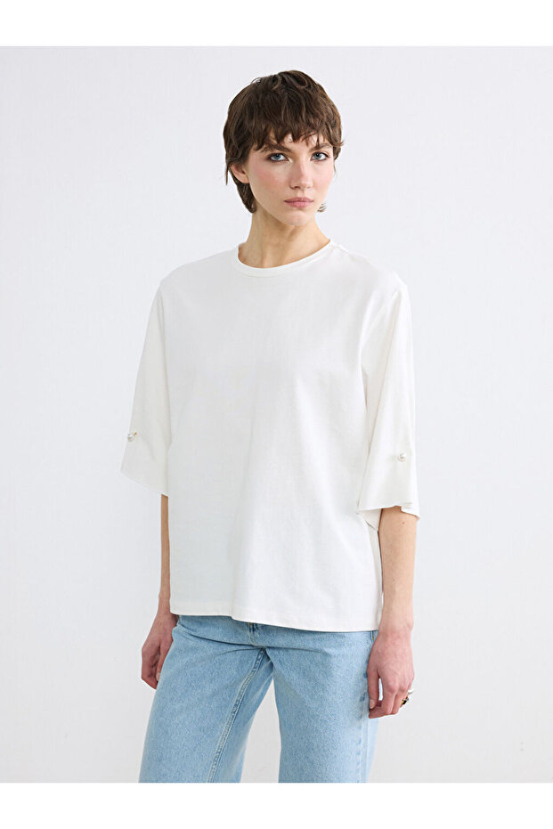 Ecru Crew Neck Blouse with Pearl Detail