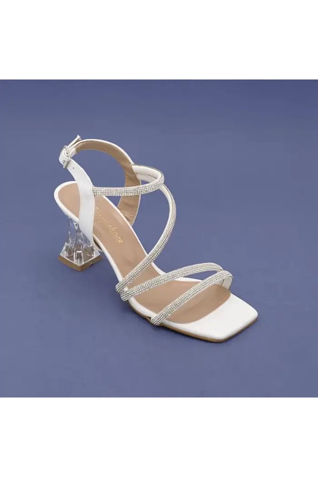 Transparent Heel Stone Trim Women's Evening Dress Shoes White