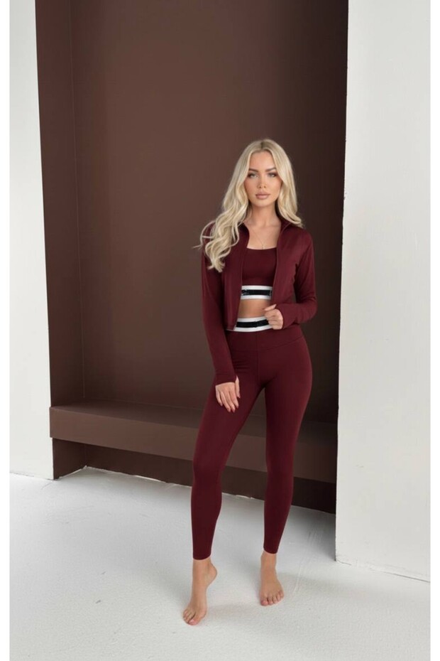 Fingerless Triple Yoga, Sports, Exercise, Walking Set - Bustier, Leggings, Jacket (Aloyazili)