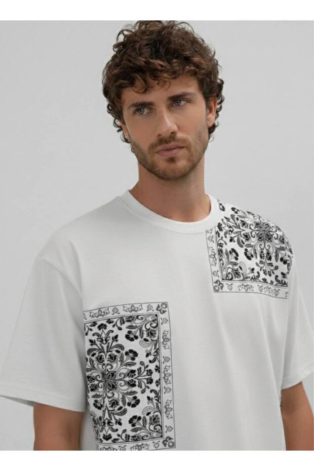 Erkek Oversize Desenli Patchwork Tişört - 5