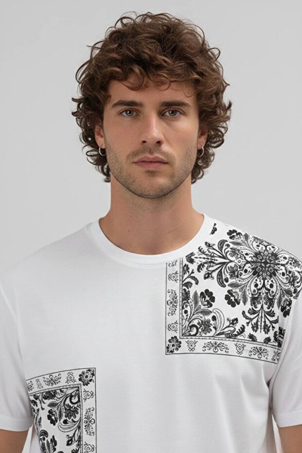 Erkek Oversize Desenli Patchwork Tişört - 2