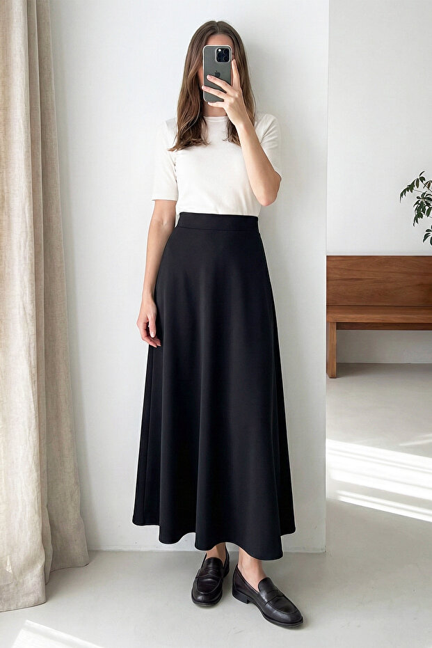 Flared Scuba Puff Skirt - Black