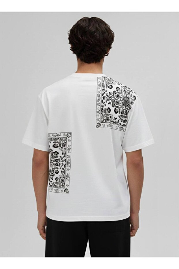 Erkek Oversize Desenli Patchwork Tişört - 4