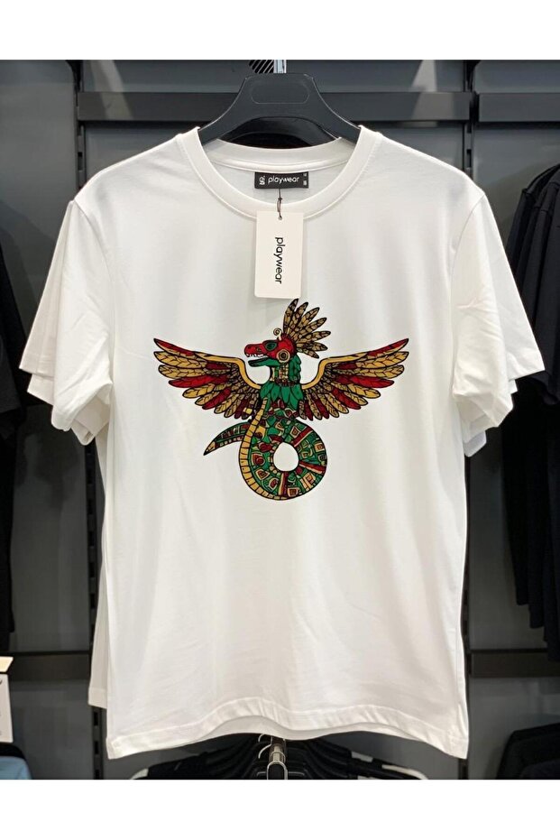 Play Wear Unisex Round Neck Printed T-Shirt with Aztec Bird Design