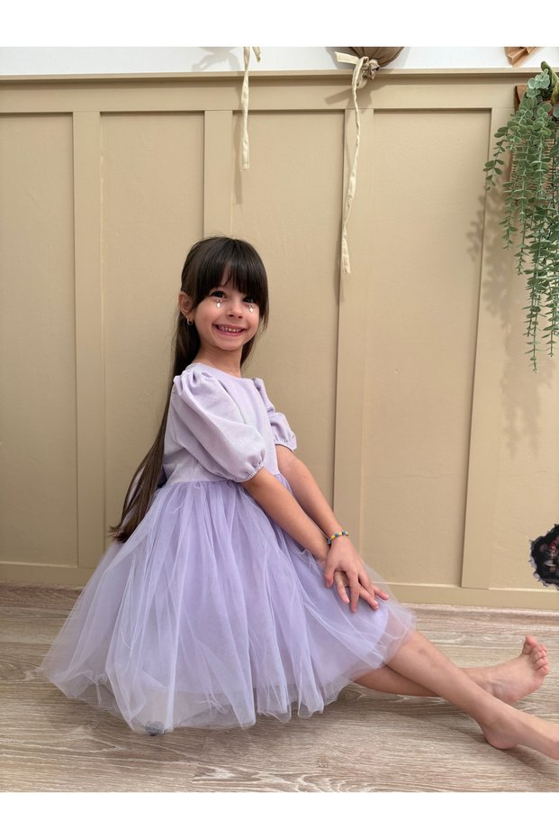 Lilac Short Balloon Fabric Dress with Tutu Underneath the Sleeves for Baby Girls - Cinderella