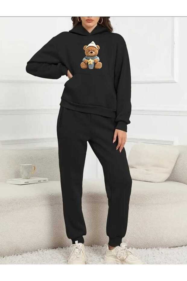 Women's Top and Bottom Set Starry Teddy Bear Fashion Print Design Trendy Hooded Sweatshirt