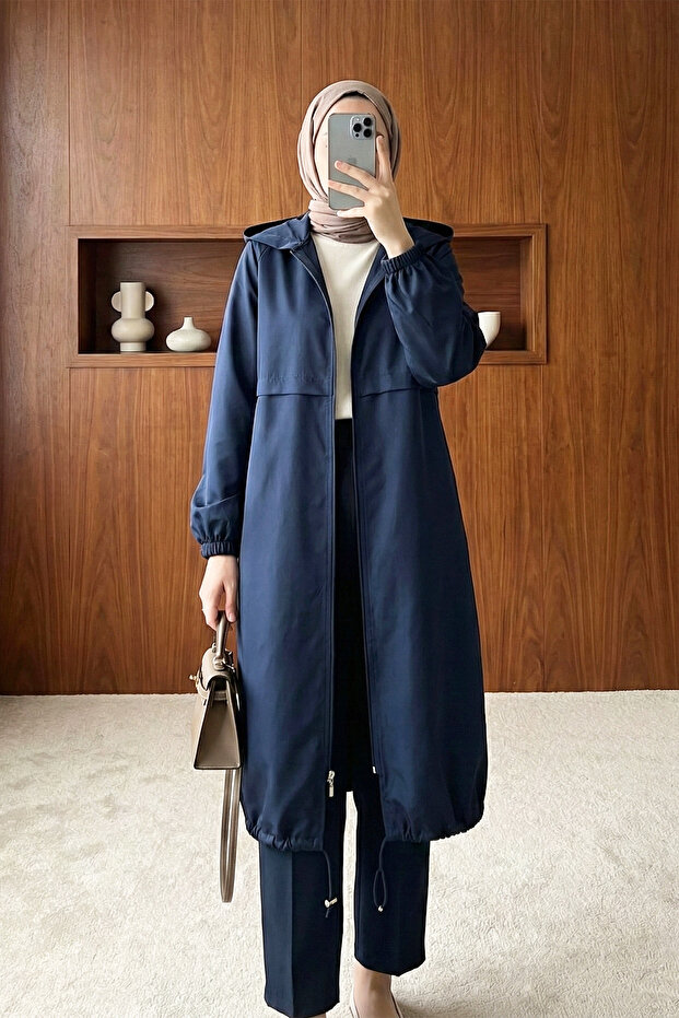 Hooded Zippered Raincoat - Navy Blue - Navy