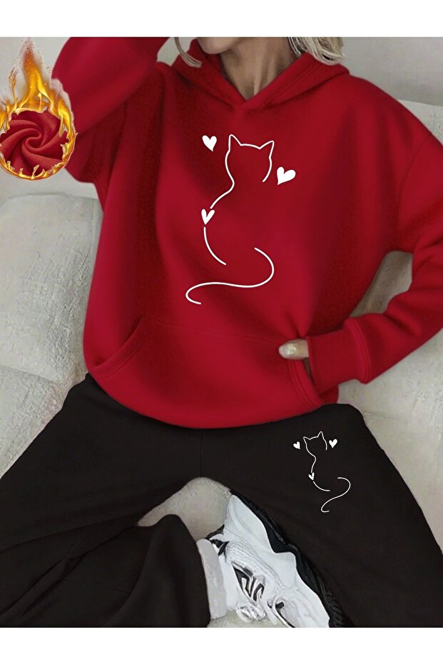 Women's Double Cat Print Tracksuit Set – Hooded Sweatshirt & Pants