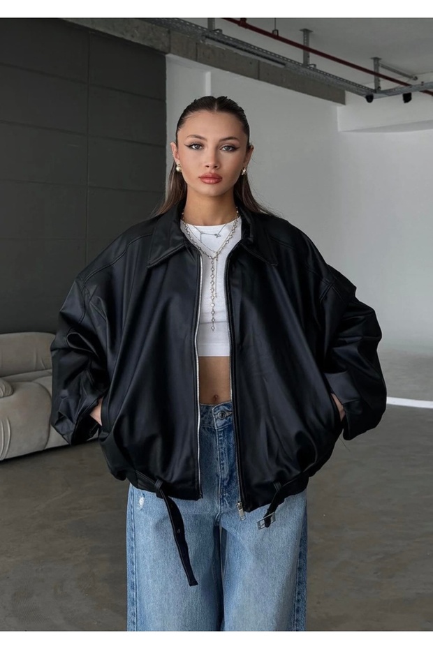 Women's Oversized Leather Jacket – Oversized Relaxed Fit, Zippered Belt Detail Everyday Women's Jacket