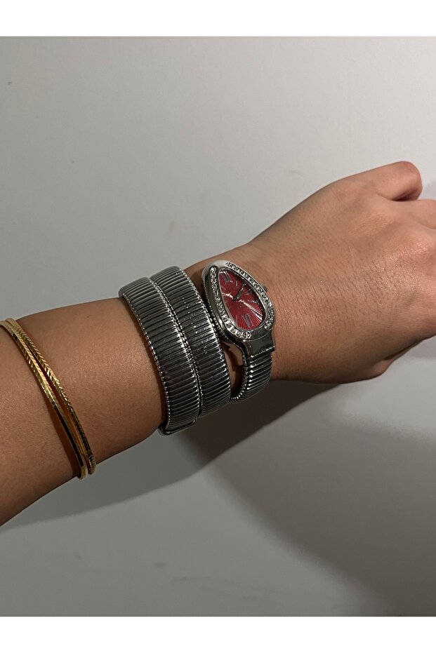 Bordo kadranlı silver çelik yılan model saat - 2