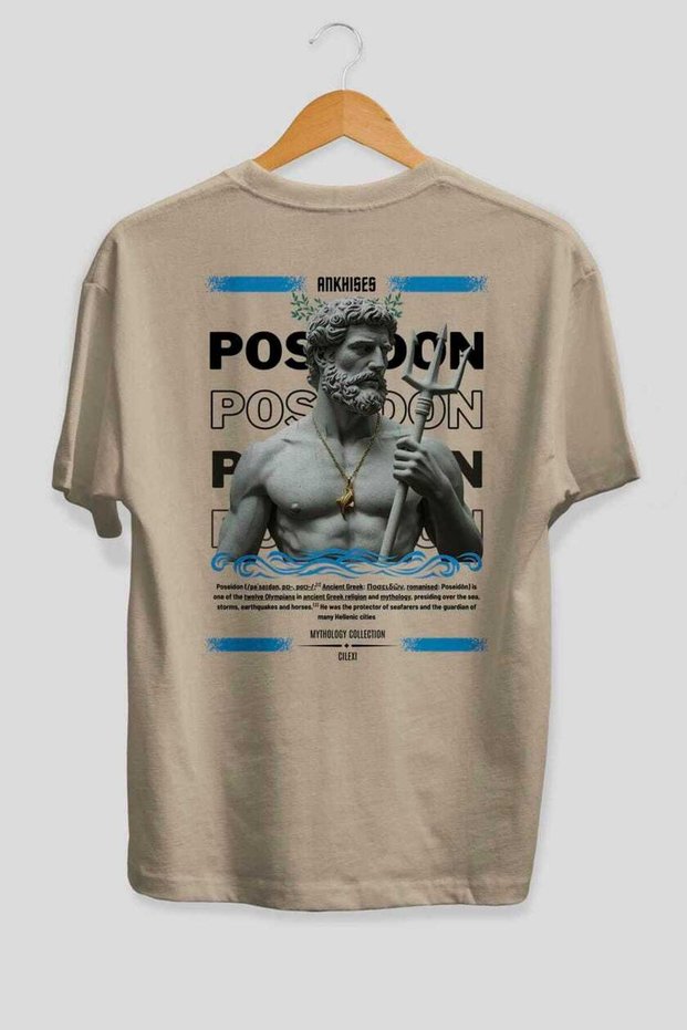 Poseidon 3 Mythology Back Printed Beige Oversize T-Shirt Men Women Cotton Crew Neck Tshirt