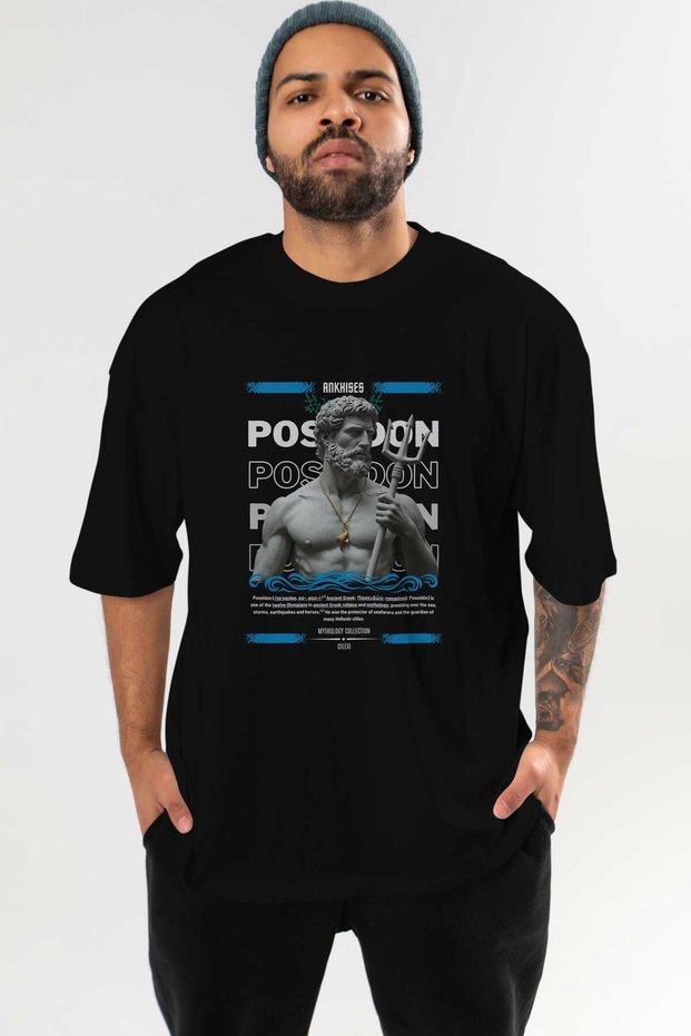 Poseidon 3 Mythology Front Printed Black Oversize T-Shirt Men Women Cotton Crew Neck Tshirt