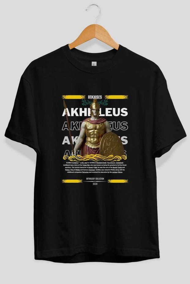 Akhilleus 1 Mythology Front Printed Black Oversize T-Shirt Men Women Cotton Crew Neck Tshirt