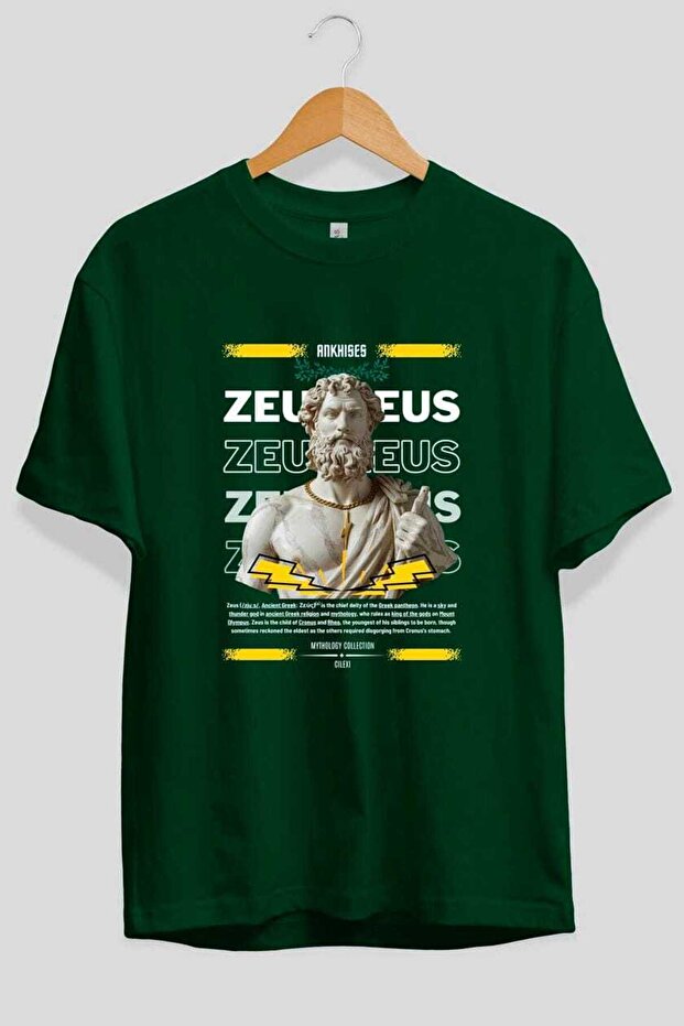 Zeus 4 Mythology Front Printed Green Oversize T-Shirt Men Women Cotton Crew Neck Tshirt