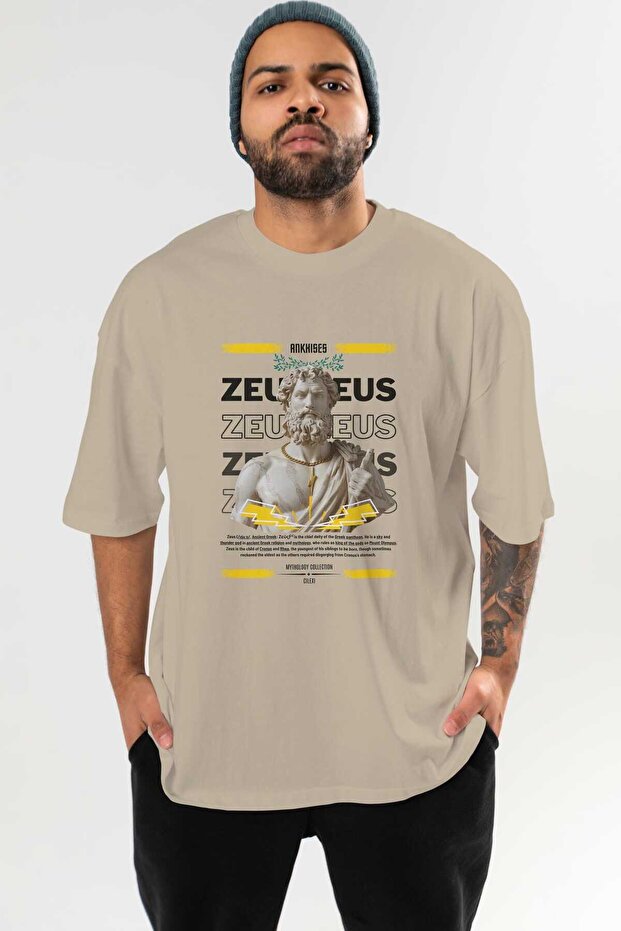 Zeus 4 Mythology Front Printed Beige Oversize T-Shirt Men Women Cotton Crew Neck Tshirt