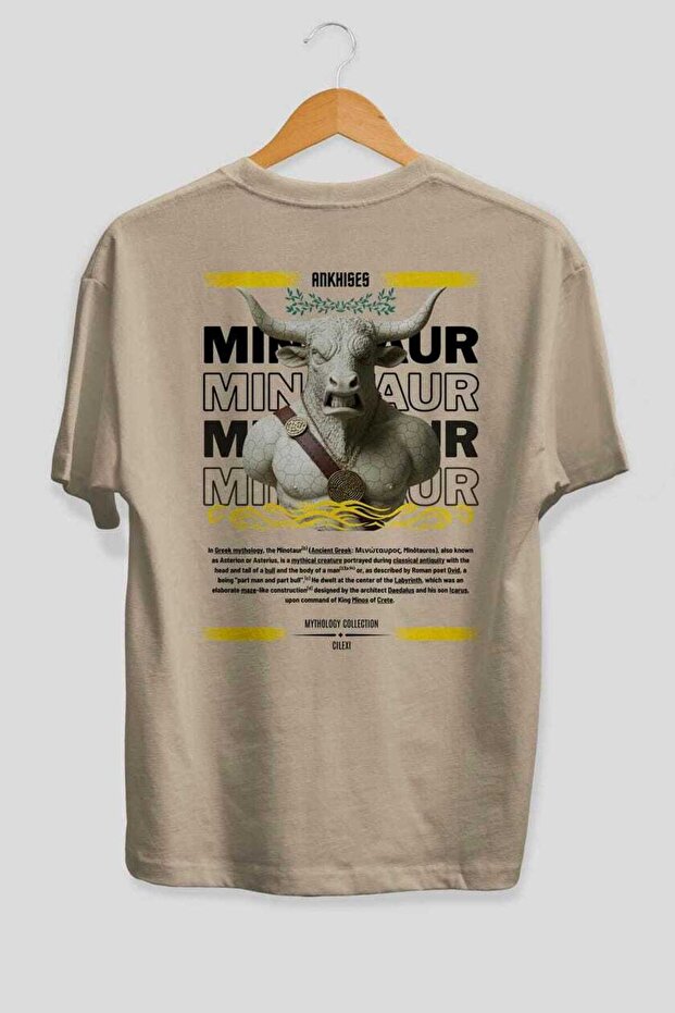 Minotaur 1 Mythology Back Printed Beige Oversize T-Shirt Men Women Cotton Crew Neck Tshirt