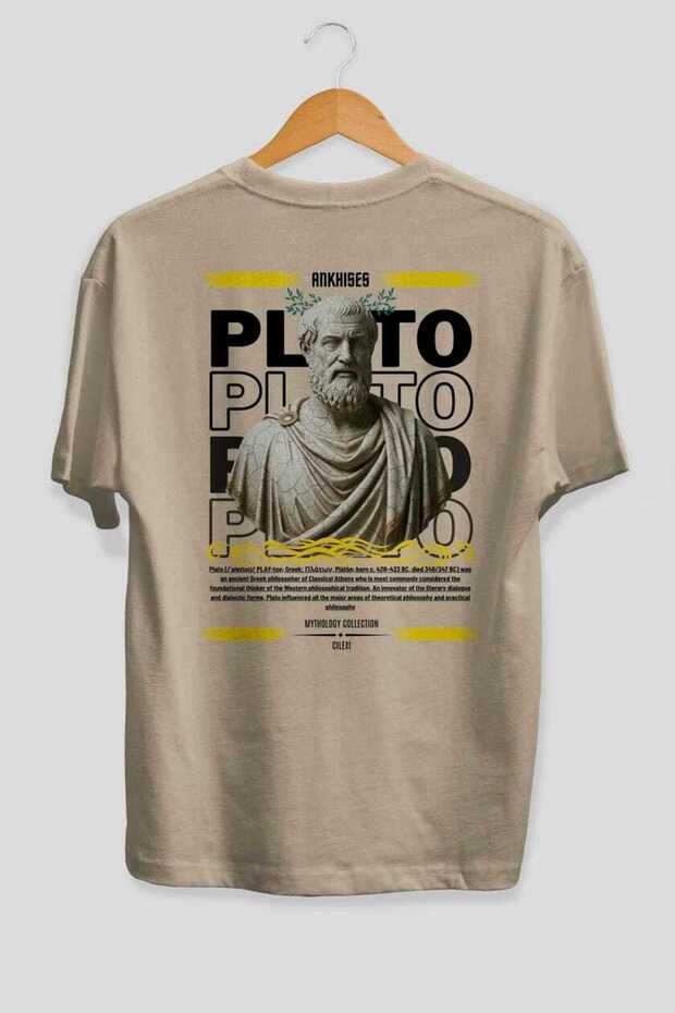 Plato 1 Mythology Back Printed Beige Oversize T-Shirt Men Women Cotton Crew Neck Tshirt