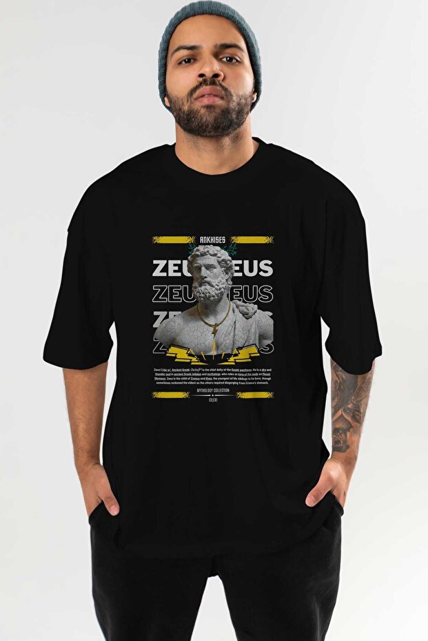 Zeus 3 Mythology Front Printed Black Oversize T-Shirt Men Women Cotton Crew Neck Tshirt
