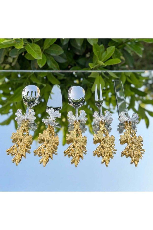 5-Piece Metal Serving Set with Butterfly Handle Gold-Silver Color / Decorative Presentation and Serving Accessory