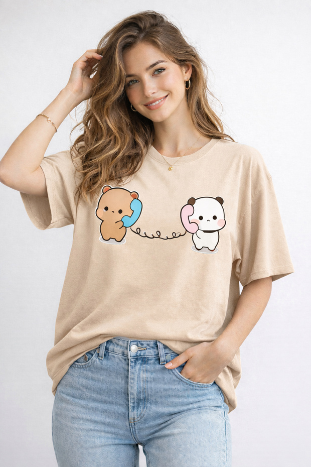 Cute Teddy Bear Character Printed Cotton Relaxed Fit Round Neck Unisex T-Shirt