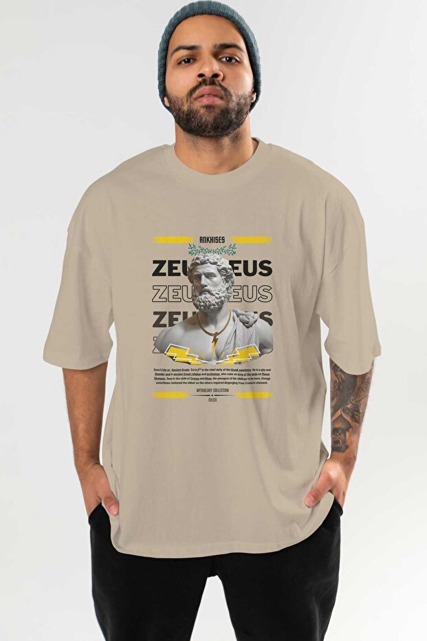 Zeus 2 Mythology Front Printed Beige Oversize T-Shirt Men Women Cotton Crew Neck Tshirt