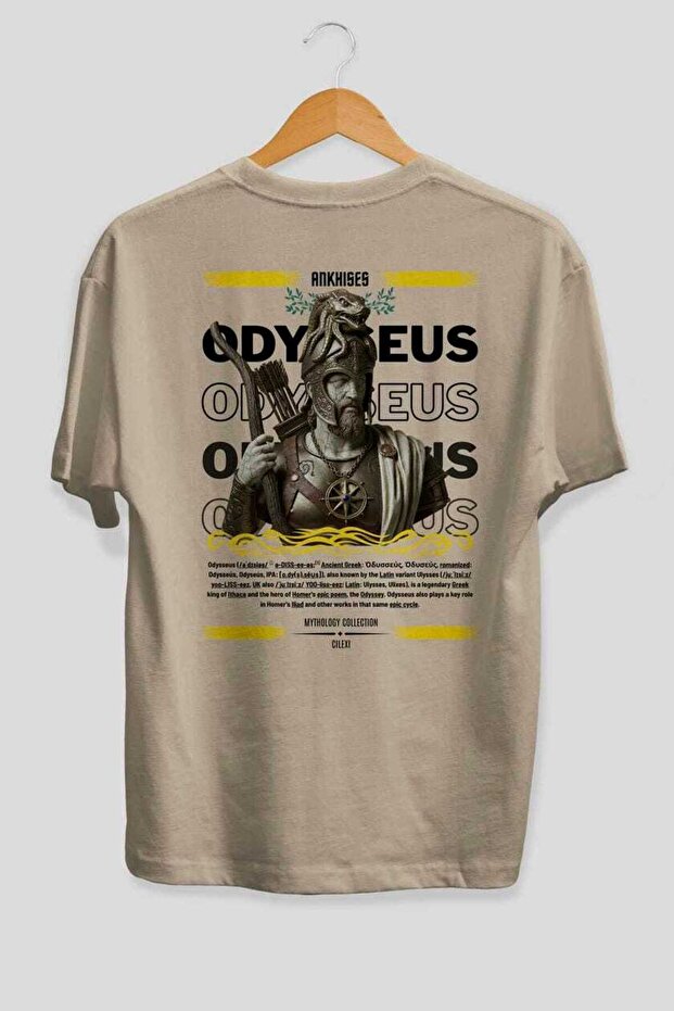 Odysseus 2 Mythology Back Printed Beige Oversize T-Shirt Men Women Cotton Crew Neck Tshirt
