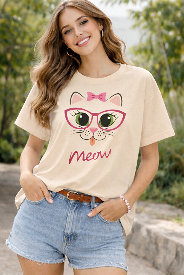 Bow Tie Kitten Meow Printed Cotton Relaxed Fit Round Neck Unisex T-Shirt
