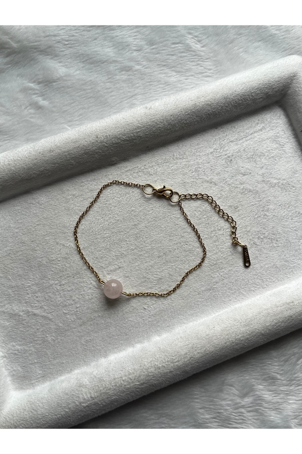 8 mm Pink Quartz Gold Color Steel Bracelet