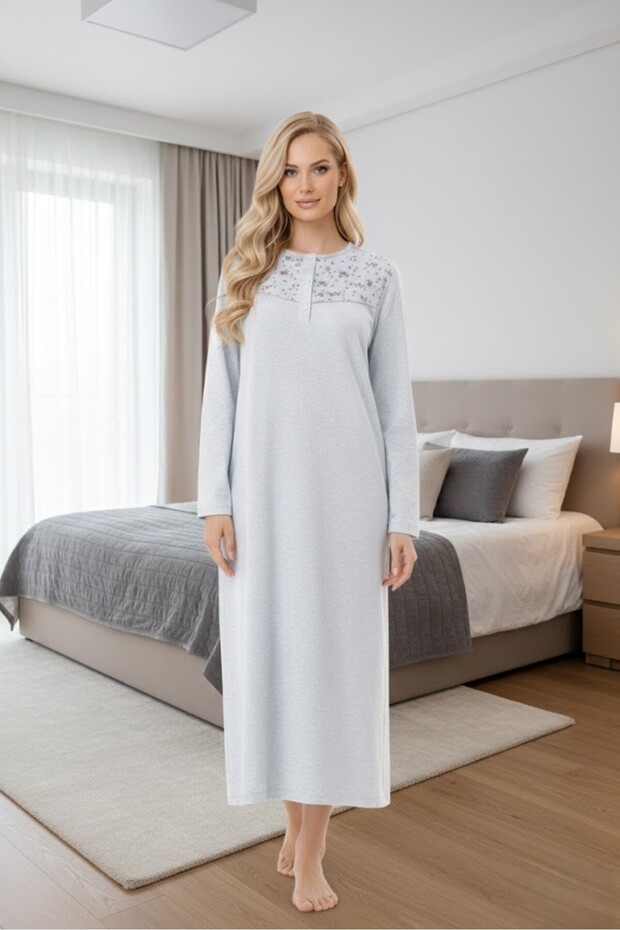 Women's Blue Crew Neck Buttoned Floral Detailed Long Sleeve Plus Size (Oversized) Relaxed Fit Nightgown