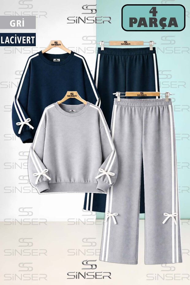 Bow Detailed Plain Girls' Ribbon Crew Neck 2-Piece Tracksuit Set