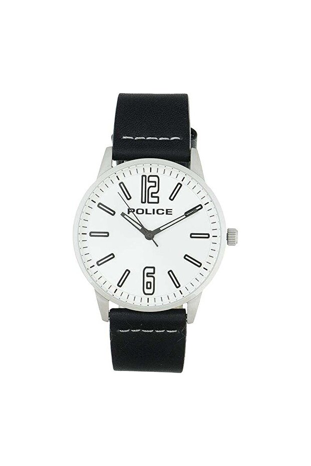 Men's Black Leather Watch, White Dial