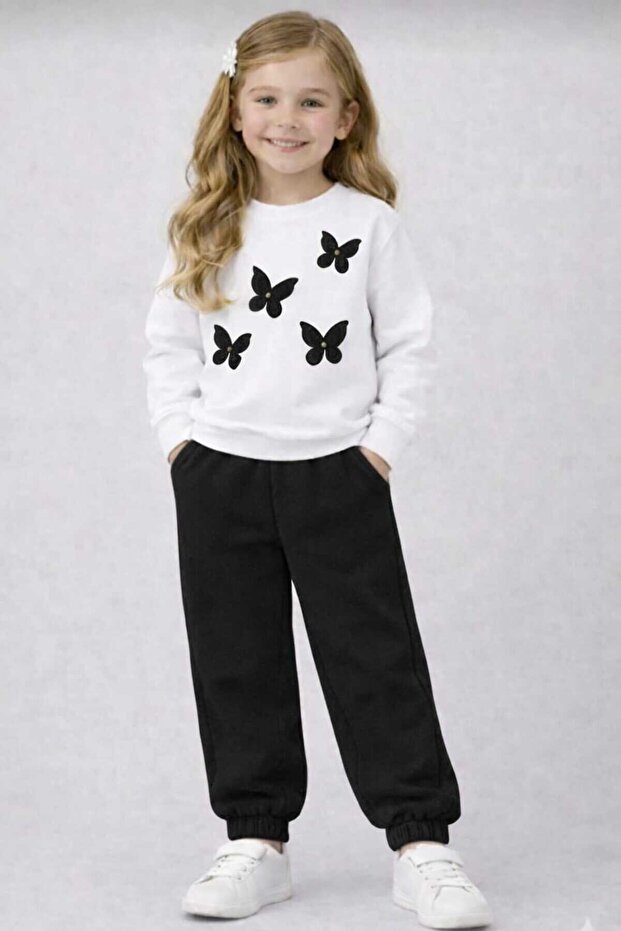 Girl's Butterfly Black-White Tracksuit Set